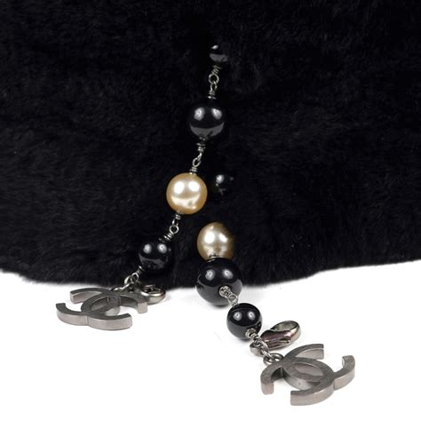 chanel rabbit black collar w dangling cc's|Chanel Black Rabbit Fur Neck Collar w/ CC Pearl Strands.